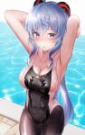  1girl :o ahoge armpits arms_up bangs bare_arms bare_shoulders black_legwear black_swimsuit blue_hair blush breasts cleavage collarbone covered_navel cowboy_shot crossed_bangs eyebrows_visible_through_hair ganyu_(genshin_impact) genshin_impact goat_horns highres horns large_breasts looking_at_viewer one-piece_swimsuit outdoors pantyhose parted_lips pool purple_eyes revision shirosaba solo swimsuit wet 
