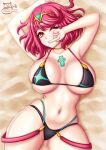  1girl bangs bikini breasts chest_jewel highres large_breasts pyra_(xenoblade) red_eyes red_hair sand sevie short_hair solo swept_bangs swimsuit xenoblade_chronicles_(series) xenoblade_chronicles_2 