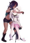  +_+ 2girls arm_around_neck bare_legs bare_shoulders black_hair boots bra choker crop_top dark-skinned_female dark_skin empty_eyes evil_smile fingernails full_body gradient gradient_legwear green_eyes green_hair hand_on_another&#039;s_hand hand_up headphones highres hiwonoafu holding humanization jacket long_hair long_sleeves looking_at_another marina_(splatoon) medium_hair midriff mole mole_under_mouth multicolored_hair multiple_girls nail_polish navel_piercing neckwear_removed pale_skin pantyhose parted_lips partially_unzipped pearl_(splatoon) piercing pink_hair scar scar_on_neck shaded_face shoe_removed shoes shorts simple_background single_shoe sitting smile splatoon_(series) splatoon_2 standing stomach stool two-tone_hair underwear wavy_hair white_background yellow_eyes zipper zipper_pull_tab 
