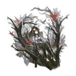  1girl animal_ears arknights arrow_(projectile) bangs bare_shoulders bare_tree belt bird black_belt black_choker black_legwear bow_(weapon) brown_hair choker detached_sleeves flower folinic_(arknights) folinic_(lasting_arrowroot)_(arknights) hair_flower hair_ornament heibaise_jiangshi highres holding holding_arrow holding_bow_(weapon) holding_weapon infection_monitor_(arknights) long_hair long_sleeves looking_at_viewer official_alternate_costume official_art ponytail red_flower sitting smile solo thighhighs toeless_legwear transparent_background tree weapon white_flower yellow_eyes 