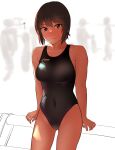  1girl asics bangs black_hair black_swimsuit breasts brown_eyes commentary_request competition_swimsuit covered_navel cowboy_shot girls_und_panzer hieda_(hiedanoaqn) highres looking_at_viewer medium_breasts nishizumi_maho one-piece_swimsuit railing short_hair solo swimsuit translation_request 