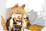  &gt;_&lt; 1girl animal_ears arknights bangs breasts brown_hair brown_jacket ceobe_(arknights) closed_eyes dog_ears dog_girl food hairband jacket long_hair long_sleeves man_levitating_pizza_(meme) medium_breasts meme odmised open_clothes open_jacket open_mouth shirt solo sweat twintails two-tone_hairband upper_body v-shaped_eyebrows very_long_hair 