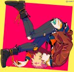  1boy alternate_costume bakugou_katsuki bangs black_footwear blonde_hair boku_no_hero_academia boots brown_jacket commentary_request cross-laced_footwear ear_piercing earrings food green_background hand_up holding jacket jewelry long_sleeves male_focus open_clothes open_jacket open_mouth pants piercing pink_background pocky shoes short_hair solo spiked_hair tonomayo torn_clothes torn_pants twitter_username upside-down 