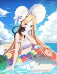  1girl abigail_williams_(fate) abigail_williams_(swimsuit_foreigner)_(fate) absurdres bangs bare_shoulders beach bikini bird black_cat blonde_hair blue_eyes blue_sky bonnet bow braid breasts cat fate/grand_order fate_(series) forehead hair_bow hair_rings highres long_hair merom miniskirt navel parted_bangs seagull sidelocks skirt sky small_breasts smile swimsuit twin_braids twintails very_long_hair white_bikini white_bow white_headwear 
