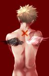  1boy back bakugou_katsuki black_wings blonde_hair boku_no_hero_academia commentary_request facing_away from_behind male_focus nude red_background short_hair simple_background solo spiked_hair tattoo toned toned_male tonomayo transparent upper_body white_wings wings 