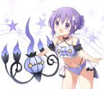  1girl :d bangs bare_shoulders bikini black_bikini blue_fire blush braid breasts chandelure cleavage crossover eyebrows_visible_through_hair fire gen_5_pokemon gochuumon_wa_usagi_desu_ka? hair_between_eyes hair_bun hair_ornament highleg highleg_bikini highres layered_bikini leaning_forward navel open_mouth pokemon pokemon_(creature) purple_bikini purple_eyes purple_hair small_breasts smile standing starry_background stick_jitb striped swimsuit tedeza_rize vertical-striped_bikini vertical_stripes 