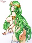  1girl areolae armlet ass back bare_shoulders bracelet breasts circlet covered_nipples goddess green_eyes green_hair jewelry kid_icarus large_breasts long_hair looking_back mina_cream nipples nude palutena sideboob solo thighhighs thighs white_background white_legwear 