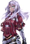  1girl armor blue_eyes breasts dark-skinned_female dark_skin elma_(xenoblade_x) gloves hair_ornament highres long_hair risumi_(taka-fallcherryblossom) simple_background smile solo white_hair xenoblade_chronicles_(series) xenoblade_chronicles_x 