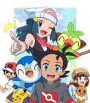  2boys 2girls :d ;d ^^^ ash_ketchum bangs baseball_cap beanie black_hair blue_eyes blue_jacket bracelet brown_eyes brown_headwear chloe_(pokemon) commentary_request dawn_(pokemon) eevee eyelashes flower gen_1_pokemon gen_4_pokemon gen_8_pokemon goh_(pokemon) green_eyes grey_eyes grey_shirt grookey hair_flower hair_ornament hairclip hat highres holding holding_pokemon hungry_seishin jacket jewelry long_hair looking_at_viewer multiple_boys multiple_girls one_eye_closed open_mouth pikachu pink_flower piplup pointing pokemon pokemon_(anime) pokemon_(creature) pokemon_swsh_(anime) red_headwear scarf shirt short_sleeves shorts sleeveless sleeveless_jacket smile starter_pokemon sweatdrop tongue upper_teeth white_headwear white_shirt 