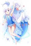  1girl :d arm_up armpits bangs bare_arms bare_legs bare_shoulders barefoot blue_eyes blue_swimsuit casual_one-piece_swimsuit covered_navel crossover eyebrows_visible_through_hair frilled_swimsuit frills gen_7_pokemon gochuumon_wa_usagi_desu_ka? hair_between_eyes kafuu_chino long_hair one-piece_swimsuit open_mouth pokemon pokemon_(creature) primarina silver_hair smile starfish_hair_ornament stick_jitb swimsuit very_long_hair 