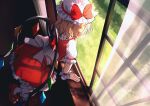  1girl arm_support blonde_hair bow commentary dise dress flandre_scarlet full_body grass hat hat_bow highres leaning looking_out_window mob_cap red_bow red_dress red_footwear see-through short_hair solo standing touhou white_bow white_curtains white_headwear white_legwear white_sleeves white_wrist_cuffs window windowsill wings 