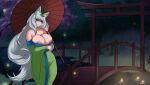  animal_ears breast_hold breasts japanese_clothes kitsune nipple_slip nipples no_bra sorenstar umbrella wallpaper 