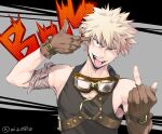  1boy bakugou_katsuki bangs bare_shoulders belt black_background blonde_hair boku_no_hero_academia brown_belt brown_gloves collarbone commentary_request eyebrows_visible_through_hair fangs finger_gun finger_gun_to_head gloves goggles goggles_on_head grey_background hand_up jewelry looking_at_viewer male_focus middle_finger necklace o-ring open_mouth red_eyes sleeveless smile solo spiked_hair tongue tongue_out tonomayo twitter_username upper_body upper_teeth 