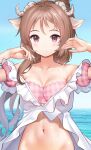  1girl :o ahoge animal_ears arknights armpits arms_up bare_shoulders besmiled bikini blue_sky blush breasts brown_hair cleavage collarbone commentary_request day eyjafjalla_(arknights) eyjafjalla_(summer_flowers)_(arknights) goat_ears goat_horns highres horizon horns long_hair looking_at_viewer medium_breasts navel ocean off-shoulder_bikini off_shoulder official_alternate_costume outdoors parted_lips pink_bikini plaid plaid_bikini ponytail purple_eyes sky solo stomach swimsuit upper_body water wet 