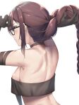 1girl absurdres armpits arms_up back black-framed_eyewear black_choker black_gloves blush braid breasts brown_eyes brown_hair choker ear_piercing fate/grand_order fate_(series) fou_(ssqseeker) from_behind glasses gloves highres holding holding_hair long_hair medium_breasts nape parted_lips piercing revealing_clothes sideboob single_braid solo strapless sweat upper_body yu_mei-ren_(fate) 