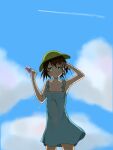  1girl aircraft airplane armpits arms_up blue_dress blue_sky brown_hair cloud cloudy_sky covered_navel dress dripping drongart food green_eyes hat highres hot messy_hair original popsicle sky summer sweat sweaty_clothes wet wet_hair wiping_face yellow_headwear 