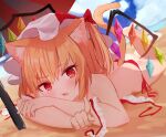  1girl animal_ear_fluff animal_ears ass bangs barefoot beach bikini blonde_hair blush bow cat_ears cat_tail cloud cloudy_sky crystal day dutch_angle eyebrows_visible_through_hair fang feet flandre_scarlet foreshortening frills hair_bow hat horizon index_finger_raised kemonomimi_mode looking_at_viewer lying mob_cap on_stomach one_side_up open_mouth outdoors pointing pointing_at_viewer red_bikini red_bow red_eyes short_hair skin_fang sky solarisu solo swimsuit tail touhou undone_bra white_headwear wings 