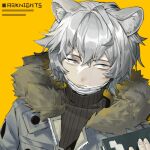  1boy absurdres animal_ear_fluff animal_ears arknights bear_ears black_sweater book closed_mouth commentary_request copyright_name expressionless five-fall fur-trimmed_jacket fur_trim grey_eyes grey_hair grey_jacket highres holding holding_book jacket jaye_(arknights) male_focus mask mouth_mask ribbed_sweater short_hair simple_background solo sweater turtleneck turtleneck_sweater upper_body yellow_background 