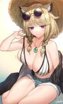  1girl animal_ear_fluff animal_ears arknights artist_name bare_legs bikini bikini_top black_jacket blonde_hair blue_background blue_nails blue_shorts blush braid breasts cleavage closed_mouth cokuto1 collarbone commentary eyebrows_visible_through_hair eyewear_on_head fang full_body gradient gradient_background hat highres jacket jewelry large_breasts looking_at_viewer medium_hair midriff motion_lines nail_polish navel necklace off_shoulder official_alternate_costume open_clothes open_jacket pendant purple_eyes round_eyewear sagging_breasts short_shorts shorts signature simple_background sitting skin_fang smile solo strap_pull straw_hat striped striped_bikini sunglasses swimsuit thighs tinted_eyewear twin_braids twintails two-tone_background utage_(arknights) utage_(summer_flowers)_(arknights) white_background white_bikini yokozuwari 