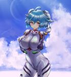  1girl absurdres ayanami_rei ayanami_rei_(cosplay) blue_hair blue_sky bodysuit breasts cameltoe cosplay covered_nipples ganyu_(genshin_impact) genshin_impact hand_on_own_chest headgear highres huge_breasts huge_filesize impossible_bodysuit impossible_clothes looking_at_viewer neon_genesis_evangelion plugsuit purple_eyes short_hair skin_tight sky t3x white_bodysuit 