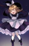  1girl apron black_dress black_footwear black_headwear blonde_hair boots broom closed_eyes dress full_body hand_on_headwear hand_up hat highres kirisame_marisa long_sleeves medium_hair open_mouth puffy_sleeves semi_(final_cicada) smile solo touhou witch_hat 