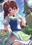  1girl :d alternate_costume apron b.ren bangs bib blue_eyes blue_shirt blush breasts brown_hair church clothes_lift cloud cloudy_sky cowboy_shot day drill_hair dutch_angle emma_verde floral_print freckles green_apron hand_to_own_mouth highres layered_skirt lifted_by_self light_rays looking_at_viewer love_live! love_live!_nijigasaki_high_school_idol_club medium_breasts medium_hair open_mouth outdoors puffy_short_sleeves puffy_sleeves shirt short_sleeves skirt skirt_lift sky smile solo town tree twintails two-tone_shirt white_shirt white_skirt 