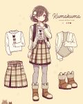  1girl backpack bag blush boots brown_background brown_eyes brown_footwear brown_hair brown_jacket brown_skirt closed_mouth color_guide commentary_request grey_legwear highres jacket long_sleeves looking_at_viewer one_eye_closed open_clothes open_jacket original pantyhose plaid plaid_skirt romaji_text sakura_oriko shirt short_hair simple_background skirt solo white_shirt 