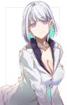 1girl absurdres bandaged_neck breasts business_suit cleavage closed_mouth collarbone e_sky_rugo eyebrows_visible_through_hair formal girls&#039;_frontline highres large_breasts looking_at_viewer medium_hair purple_eyes purple_shirt rpk-16_(girls&#039;_frontline) shirt silver_hair smile solo suit white_background white_suit 