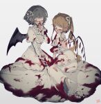  2girls alternate_costume bat_wings blindfold blonde_hair blood bloody_clothes blue_hair bow crystal dress flandre_scarlet hair_bow high_heels highres long_dress long_hair long_sleeves multiple_girls puffy_sleeves remilia_scarlet short_hair side_ponytail sokura_(mochichitose) touhou white_bow white_dress wings 