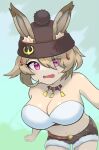  1girl alternate_costume althemia animal_ears bangs blonde_hair breasts bunny_ears dragalia_lost eyebrows_visible_through_hair highres large_breasts looking_at_viewer open_mouth red_eyes short_hair shorts tekutekudays 
