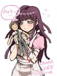  1girl apron bangs blunt_bangs blush breasts character_doll commentary_request cowboy_shot danganronpa_(series) danganronpa_2:_goodbye_despair doll flying_sweatdrops gloves hands_up highres hinata_hajime holding holding_doll long_hair looking_at_object medium_breasts meme_rawness necktie puffy_short_sleeves puffy_sleeves purple_eyes purple_hair short_sleeves simple_background smile solo speech_bubble translation_request tsumiki_mikan wavy_mouth white_apron white_background 
