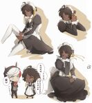  2boys adjusting_clothes adjusting_legwear ahoge apron arknights black_dress black_hair bow bowtie brown_background cellphone chinese_text closed_mouth collar commentary_request crossdressing dark-skinned_male dark_skin dress dressing elysium_(arknights) eyebrows_visible_through_hair hair_ribbon highres juliet_sleeves long_sleeves maid maid_apron maid_headdress male_focus multiple_boys multiple_views orange_eyes phone puffy_sleeves ribbon short_hair smartphone speech_bubble thighhighs thorns_(arknights) translation_request walkie-talkie white_background white_collar white_legwear white_neckwear yellow_ribbon yuzuriha_(ryami) 