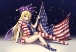  1girl american_flag american_flag_dress american_flag_legwear bangs blonde_hair bow breasts clownpiece cuffs dress fairy_wings fii_fii_(feefeeowo) full_body hat highres jester_cap long_hair looking_at_viewer neck_ruff no_panties pink_eyes polka_dot polka_dot_bow purple_bow purple_headwear short_dress short_sleeves single_thighhigh sitting sky small_breasts solo star_(sky) star_(symbol) star_print starry_sky striped thighhighs torn_clothes torn_dress touhou uneven_legwear very_long_hair wings 