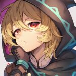  1girl alex_(dragalia_lost) bangs blonde_hair closed_mouth dragalia_lost hand_on_own_face highres hood hood_up looking_at_viewer nakabayashi_zun red_eyes solo 