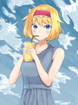  1girl absurdres alice_margatroid bangs blonde_hair blue_dress blue_eyes blue_sky blush breasts cloud commentary_request cookie_(touhou) cowboy_shot cup day dress drinking drinking_straw_in_mouth eyebrows_visible_through_hair eyes_visible_through_hair frilled_hairband frills hairband highres ichigo_(cookie) ikikiksgiksg looking_at_viewer medium_breasts open_mouth red_hairband short_hair sky sleeveless sleeveless_dress solo touhou 