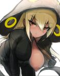  1girl bent_over blonde_hair bodystocking breasts collared_shirt dark_nipples detached_hood eyebrows_visible_through_hair eyes_visible_through_hair flashing hair_between_eyes hanging_breasts hood hood_up jacket kemono_friends king_cobra_(kemono_friends) long_hair long_sleeves looking_at_viewer medium_breasts multicolored multicolored_eyes nipples no_bra one_breast_out open_clothes open_jacket open_shirt parted_lips red_eyes shibori_kasu shirt sidelocks sketch skirt snake_tail solo tail tan tsurime twintails very_long_hair yellow_eyes 