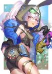  1girl absurdres animal_ears animal_hood ass_grab bare_shoulders black_gloves black_jacket black_shorts bronya_zaychik bronya_zaychik_(haxxor_bunny) bullpup bunny_ears drill_hair gloves grey_eyes grey_hair gun hair_between_eyes highres holding holding_gun holding_weapon honkai_(series) honkai_impact_3rd hood jacket johnny-chan looking_at_viewer p90 shell_casing shorts smoking solo submachine_gun tongue tongue_out twin_drills weapon 