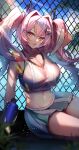  1girl arm_behind_head arm_up azur_lane bangs bare_shoulders blue_sky blush bottle breasts bremerton_(azur_lane) bremerton_(scorching-hot_training)_(azur_lane) chain-link_fence cleavage cloud collarbone commentary cowboy_shot crop_top crop_top_overhang day eyebrows_visible_through_hair fence grass green_skirt grey_hair groin hair_between_eyes hair_intakes hair_ornament hairclip highres holding holding_bottle kuroha_(rockluo213) large_breasts light_rays long_hair looking_at_viewer midriff miniskirt mole mole_under_eye multicolored_hair navel outdoors palm_leaf parted_lips pink_eyes pink_hair pleated_skirt redrawn shadow shirt sidelocks sitting skirt sky sleeveless sleeveless_shirt smile solo sportswear streaked_hair sunbeam sunlight sweat tennis_uniform twintails two-tone_hair two-tone_shirt two-tone_skirt water_bottle white_shirt white_skirt x_hair_ornament yokozuwari 