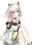  1girl animal_ear_fluff animal_ears arknights bangs bare_legs bare_shoulders closed_mouth commentary crossed_legs dress feet_out_of_frame green_dress green_eyes head_rest highres holding holding_needle kal&#039;tsit_(arknights) kamiowl labcoat looking_at_viewer needle off_shoulder oripathy_lesion_(arknights) pocket russian_text short_hair sitting solo watch white_background white_hair wristwatch 