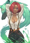  1girl 1other absurdres arms_behind_head arms_up arrow_(symbol) beige_shirt belt black_pants blue_eyes breasts cleavage collared_shirt dark-skinned_female dark_skin facial_mark facing_viewer forehead_mark giovanna_(guilty_gear) green_fur guilty_gear guilty_gear_strive highres large_breasts looking_to_the_side multiple_belts no_bra pants parted_hair pink_lips police_badge recycling_symbol rei_(guilty_gear) shift_(shiftillust) shirt short_hair snout solo_focus suspenders sweat wolf 