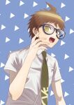  1boy :d ahoge badge bangs bespectacled black-framed_eyewear blue_background breast_pocket brown_hair collared_shirt commentary_request danganronpa_(series) danganronpa_2:_goodbye_despair glasses green_neckwear hand_up highres hinata_hajime kui_ka looking_at_viewer male_focus necktie open_mouth pocket print_neckwear shirt short_hair short_sleeves smile solo triangle upper_body upper_teeth white_shirt 