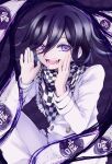  1boy :d absurdres bangs black_hair buttons checkered checkered_neckwear checkered_scarf commentary_request danganronpa_(series) danganronpa_v3:_killing_harmony del_(themirky) double-breasted fang hair_between_eyes hands_up highres jacket long_sleeves looking_at_viewer male_focus medium_hair open_mouth ouma_kokichi purple_background purple_eyes purple_hair scarf smile solo straitjacket translation_request white_background white_jacket 