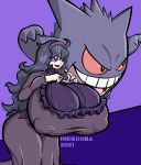  1girl @_@ absurdres black_hair breasts dress gen_1_pokemon gengar gigantic_breasts hairband hex_maniac_(pokemon) highres huge_breasts impossible_clothes impossible_dress inkbooba lips long_hair npc_trainer pokemon pokemon_(game) purple_eyes self_upload simple_background smile thick_thighs thighs 