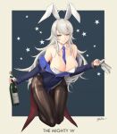  1girl adapted_costume animal_ears between_breasts black_legwear blue_neckwear bottle breasts bunny_ears cup drinking_glass fake_animal_ears highres holding holding_bottle holding_cup kantai_collection large_breasts leotard long_hair necktie necktie_between_breasts odachu one_eye_closed pantyhose playboy_bunny silver_eyes silver_hair solo strapless strapless_leotard striped striped_legwear vertical-striped_legwear vertical_stripes washington_(kancolle) white_leotard 