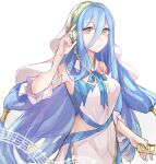  1girl alternate_costume azura_(fire_emblem) bangs bare_shoulders blue_dress blue_hair blue_neckwear blue_ribbon blush breasts casual closed_mouth commentary contemporary detached_collar detached_sleeves digital_media_player dress english_commentary eyebrows_visible_through_hair fire_emblem fire_emblem_fates fire_emblem_heroes hair_between_eyes hair_ornament hair_tubes headphones highres holding jackii long_hair looking_at_viewer medium_breasts multicolored multicolored_clothes musical_note neck_ribbon ribbon simple_background sleeveless sleeveless_dress solo veil very_long_hair white_background white_dress white_headwear white_sleeves white_veil yellow_eyes 