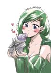  1girl blue_eyes blush breasts cleavage earrings final_fantasy final_fantasy_iv frog green_hair hair_ornament heart highres jewelry long_hair nozo717 rydia simple_background solo white_background 