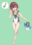  1girl bag barefoot breasts brown_hair casual_one-piece_swimsuit cleavage collarbone commentary_request eighth_note full_body gradient_hair green_background highres kantai_collection looking_at_viewer minosu multicolored_hair musical_note mutsuki_(kancolle) one-piece_swimsuit open_mouth red_eyes red_hair short_hair simple_background small_breasts smile solo spoken_musical_note swimsuit two-tone_swimsuit waving 