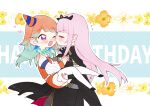  2girls birthday blush bow_choker carrying closed_eyes couple earrings eyebrows_visible_through_hair feather_earrings feathers gradient_hair hat highres hololive hololive_english jewelry long_hair mori_calliope multicolored_hair multiple_girls neru_(flareuptf1) orange_hair party_hat pink_hair princess_carry purple_eyes shoulder_spikes spikes takanashi_kiara tiara veil virtual_youtuber wife_and_wife yuri 