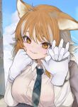  alternate_costume blue_neckwear blush collared_shirt disembodied_limb dnsdltkfkd eyebrows_visible_through_hair fang gloves highres holding_hands italian_wolf_(kemono_friends) kemono_friends light_brown_hair long_hair long_sleeves looking_at_viewer multicolored_hair necktie orange_eyes plaid_neckwear pov shirt two-tone_hair white_gloves white_hair white_shirt 