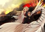  1boy 1girl absurdres black_gloves blonde_hair braid closed_eyes copyright_name detached_sleeves dragon ezel_the_king_of_fire_and_iron falia_the_queen_of_the_mountains gloves hand_up highres hood huge_filesize llan mountain multicolored_hair outdoors pixiv_fantasia pixiv_fantasia_last_saga pointy_ears red_hair sidelocks streaked_hair tiara twin_braids two-tone_hair 